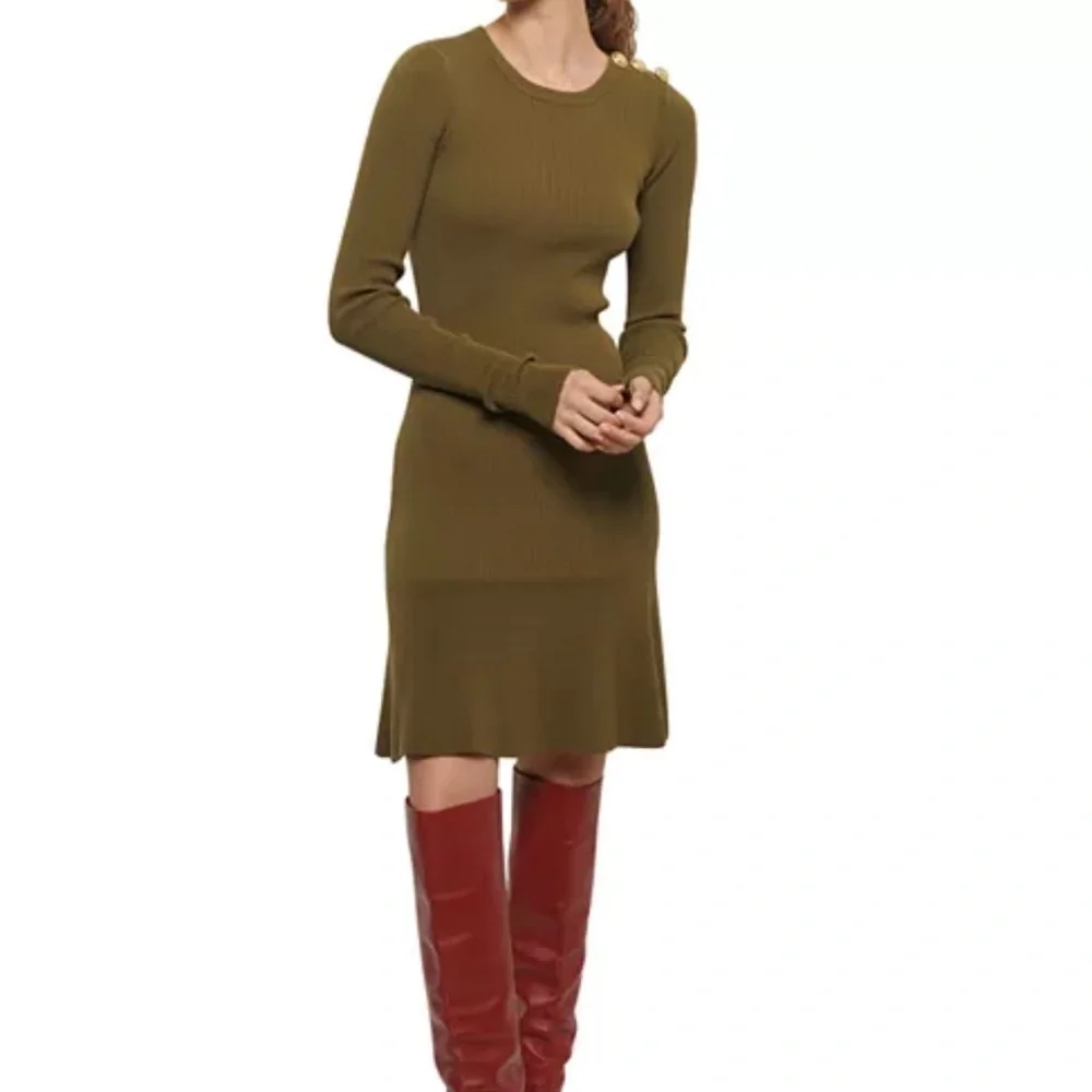 DEREK LAM 10 CROSBY Vanessa Ribbed Knit Flounce Dress In Olive Size Medium - Picture 2 of 15